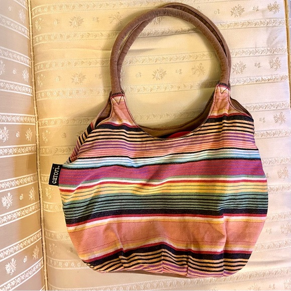 Y2K Catori Multicolor Boho Striped Shoulder Bag Tote Interior Zip Close Pockets - Picture 5 of 17